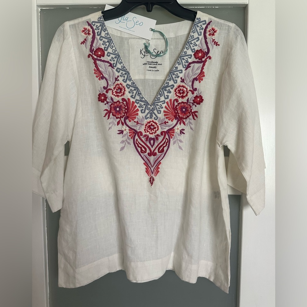 Kyla Seo Anthropologie Linen Embroidered Maci Tunic Blouse White
